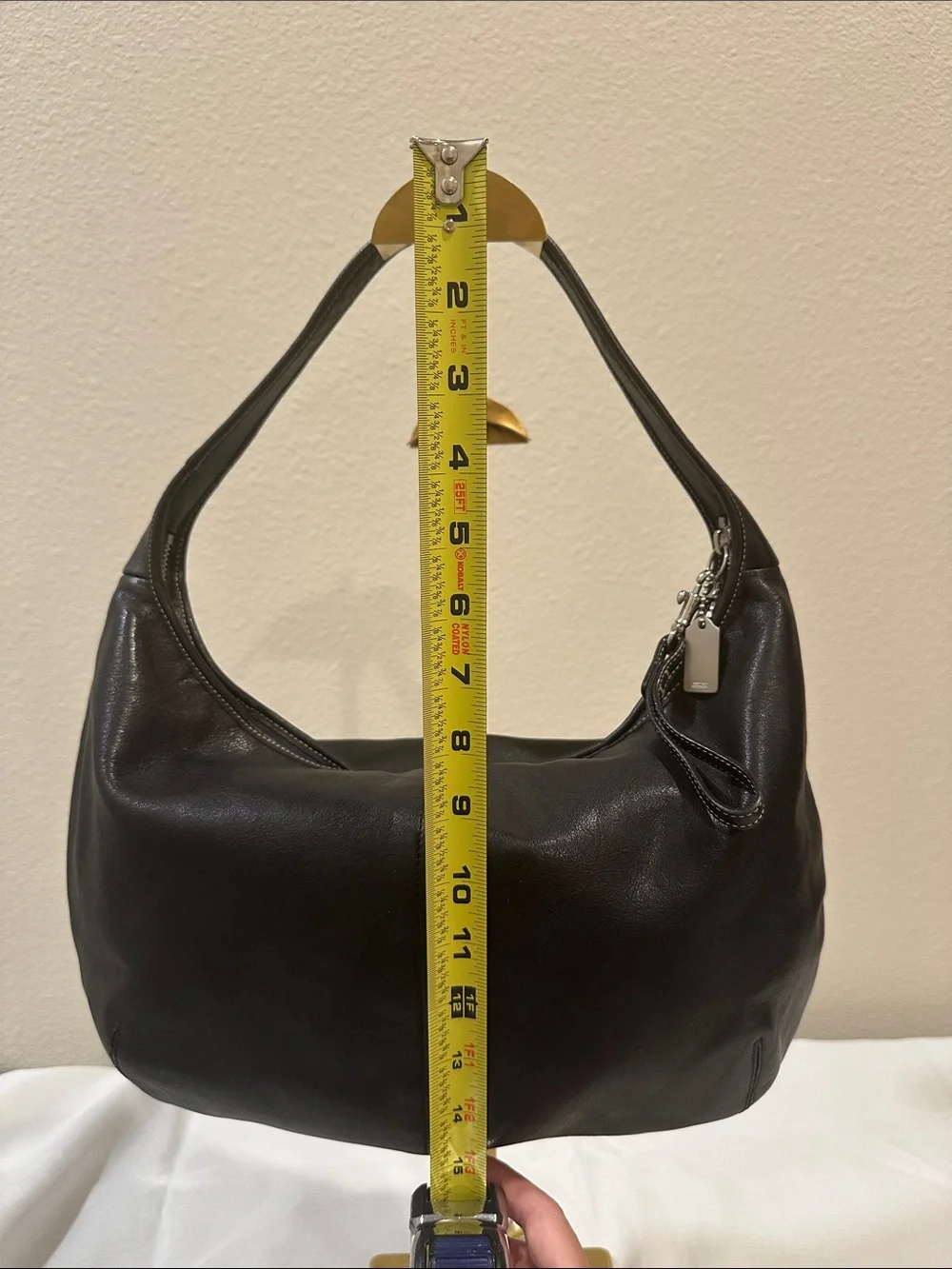 Vintage COACH Black Leather Hobo Shoulder Bag with Branded Charm and Silver HW